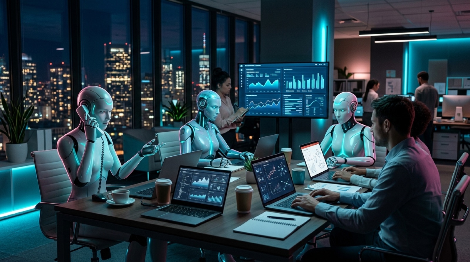 Human and AI teammates working together around one office desk, city dusk behind them