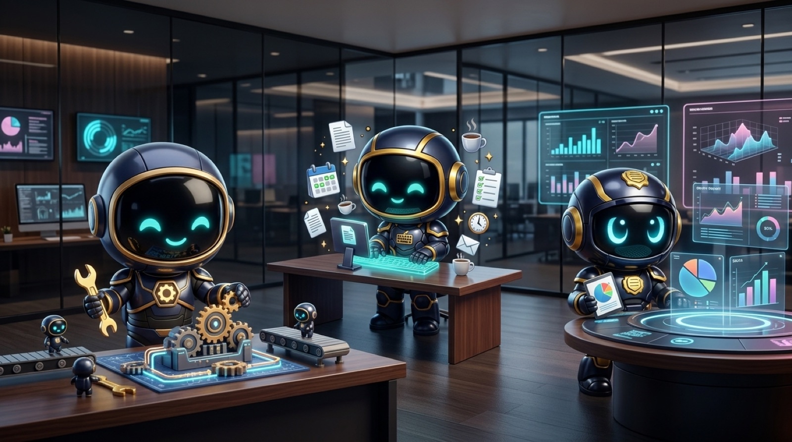 WorkMate robots assembling workflow gears and checklists at a workbench