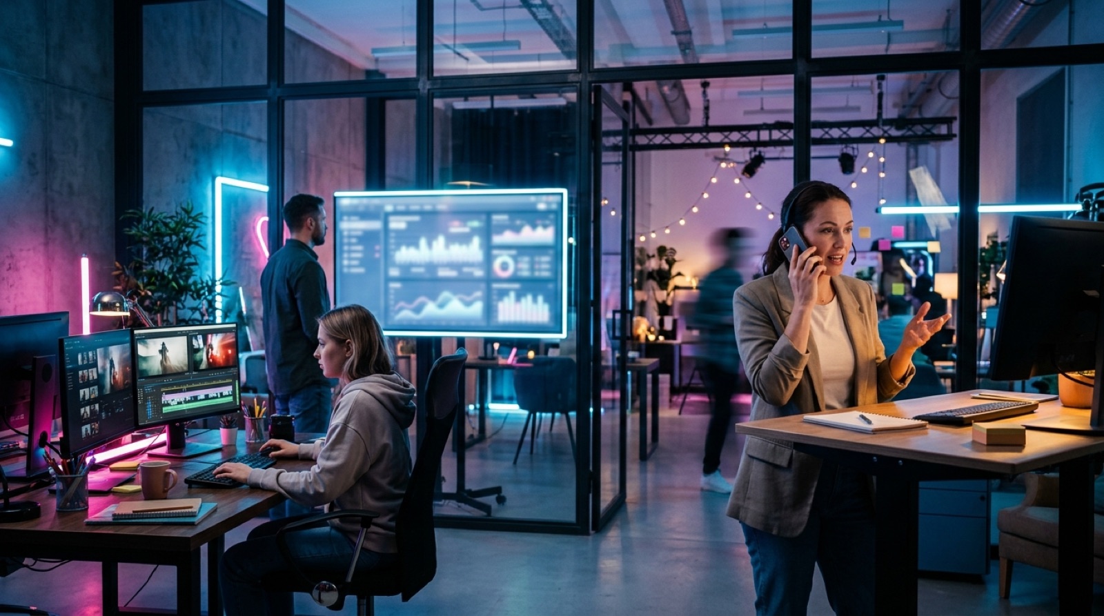 A creative studio team working into the evening, dashboards and edit screens glowing